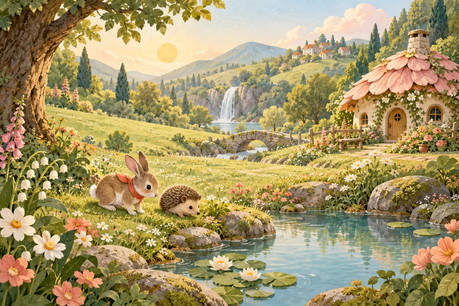 A storybook garden with a rabbit, a hedgehog and a flower-roofed cottage