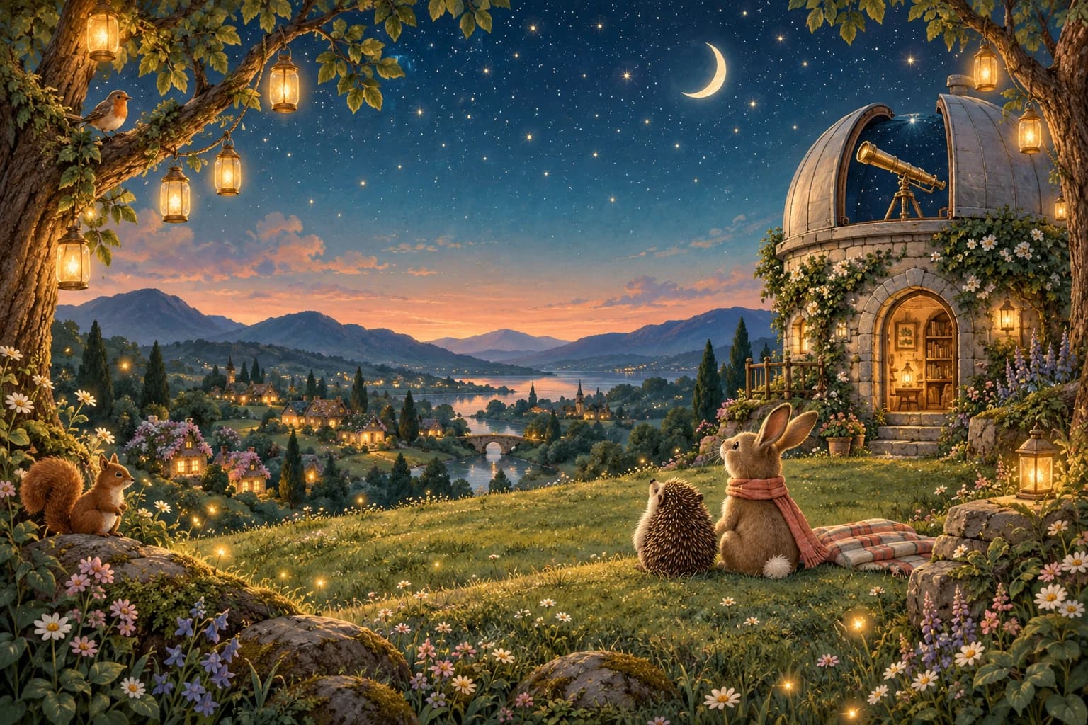 An illuminated treehouse and woodland friends beneath a sky full of stars